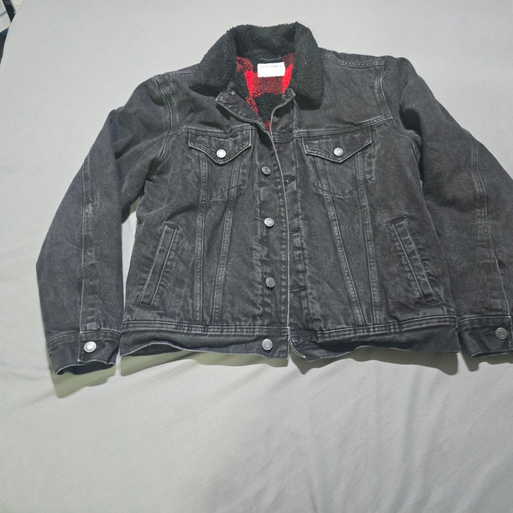 Old Navy Denim Trucker Jacket Mens Medium Black Sherpa Lined Buffalo Plaid